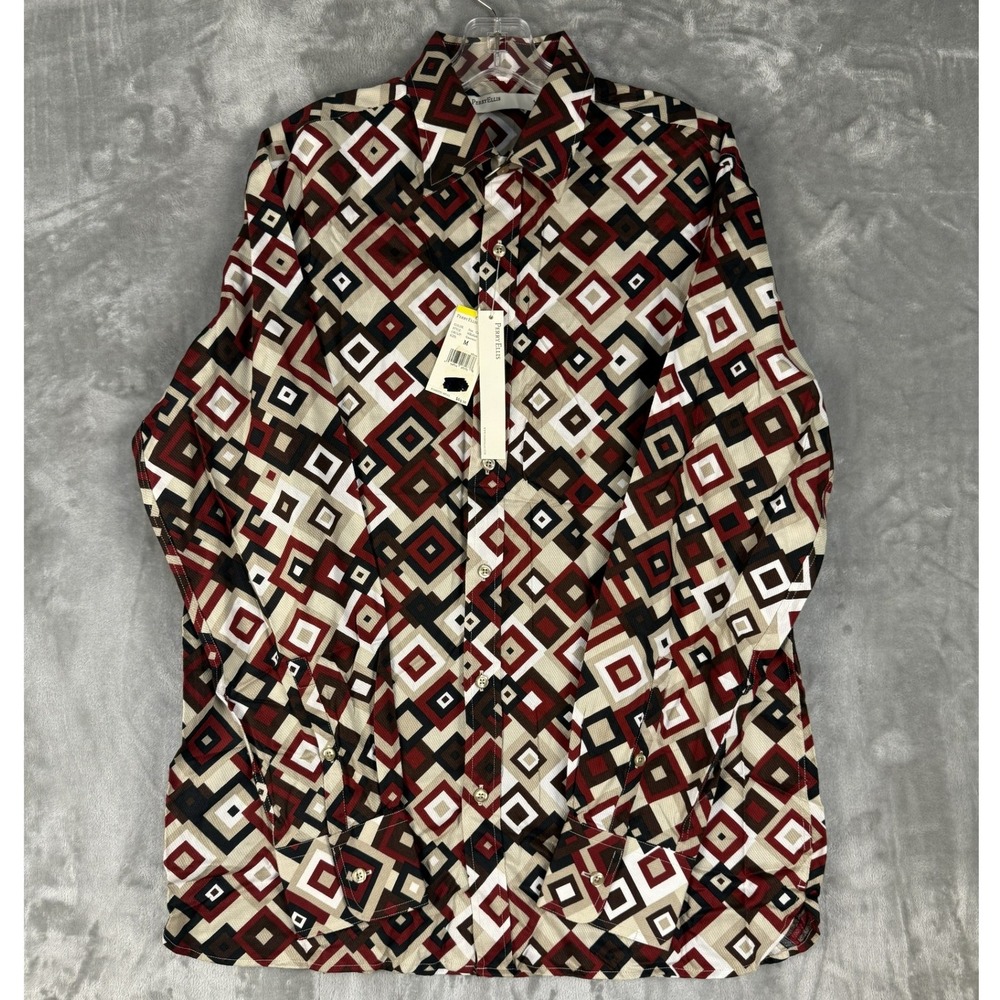 Y2K Perry Ellis Mens‎ Geometric Diamond Print Long Sleeve Shirt Size M